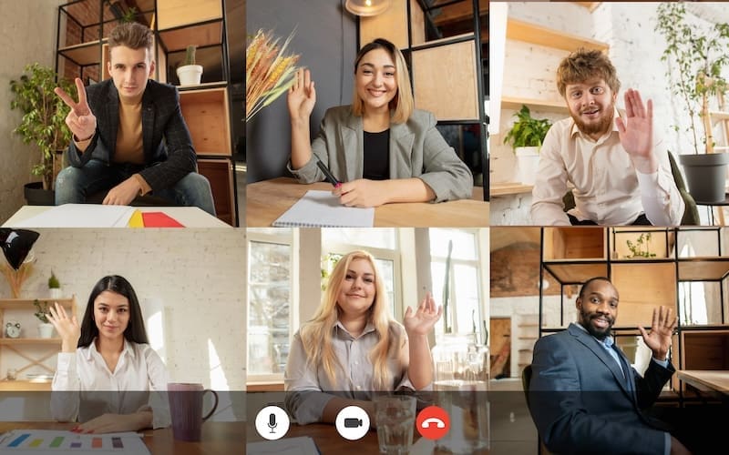 Team working by group video call share ideas brainstorming use video conference. PC screen view with young people, application ad. Easy and comfortable usage concept, business, online, finance.