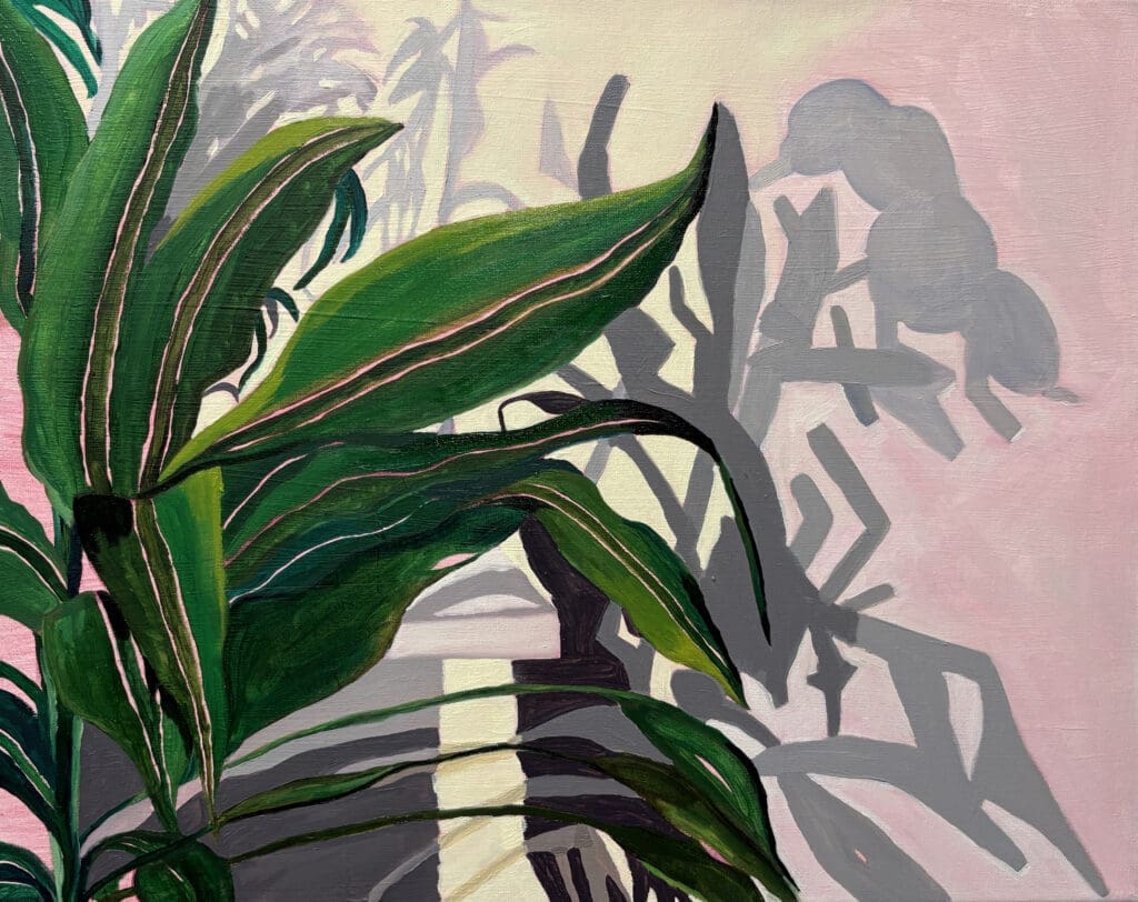 green and pink artwork of plants